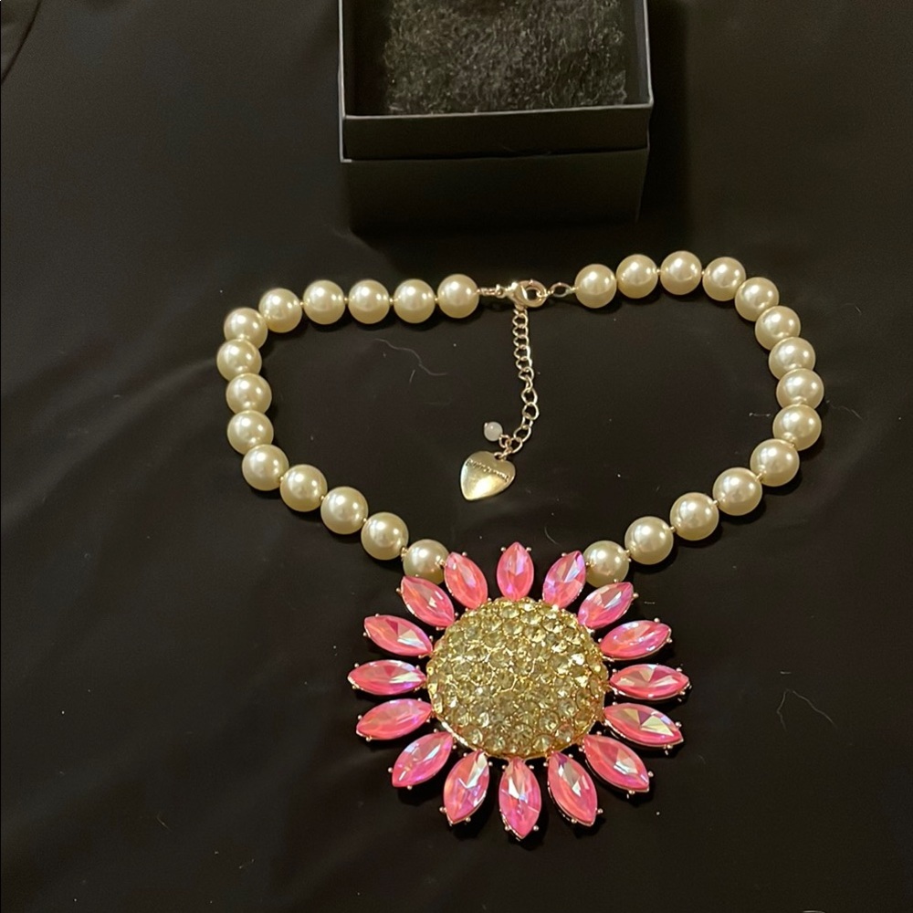 Betsey Johnson Pink and Gold Floral Pearl Necklace